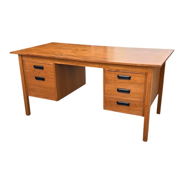 Mid Century Modern Danish Teak Desk W/ 5 Drawers Floating Top Office Desk For Sale - Image 4 of 10