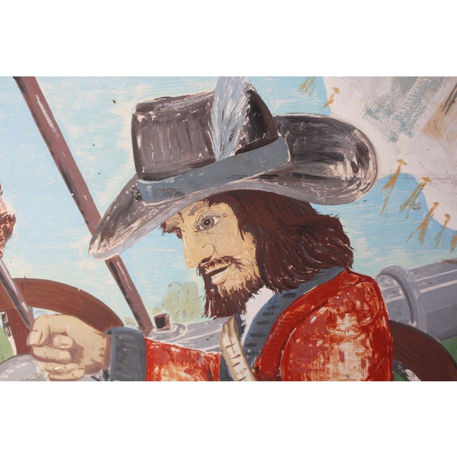 Mid-20th century English pub sign featuring a cavalier or musketeer loading the canon pub. Metal, double sided, in...