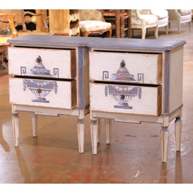 Wood Pair of 19th Century French Louis-Philippe Carved Painted Commodes Nightstands For Sale - Image 7 of 14