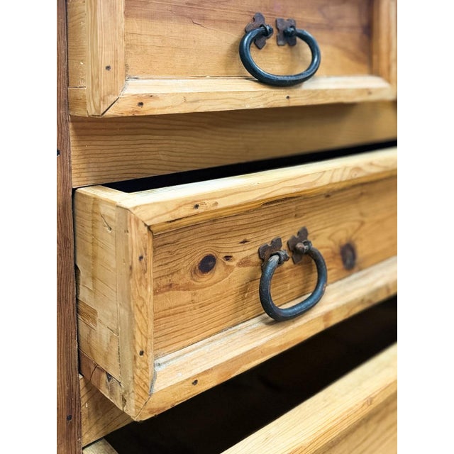 Late 20th Century Mexican Solid Pine Five Drawer Dresser Wrought Iron Pulls Rustic Farmhouse Chest For Sale - Image 13 of 13