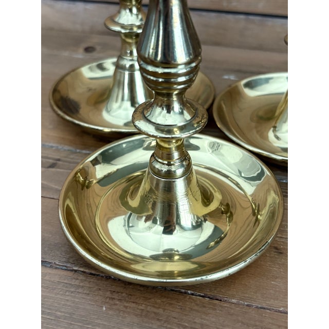 Metal Set of 3 Vintage English Brass Chambersticks W/ Glass Hurricane Chimneys For Sale - Image 7 of 8