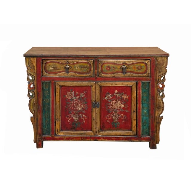 Chinese Chinese Distressed Mustard Yellow Red Flower Sideboard Credenza Cabinet For Sale - Image 3 of 9