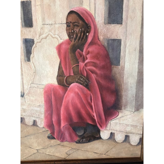2010s Contemporary Signed Original Oil on Canvas | Indian Woman in Pink Sari by David C. Fisher 2015 For Sale - Image 5 of 6
