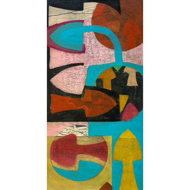 Teal, rust, mustard and blush shapes interlock across a dark ground, with arrow forms pointing in different directions and...