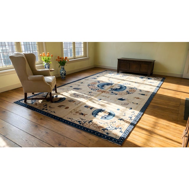 1850s White Cream Medallion Handknotted Antique Chinese Ningxia Rug 8' 2" X 17' 6" Wool Carpet For Sale - Image 9 of 9
