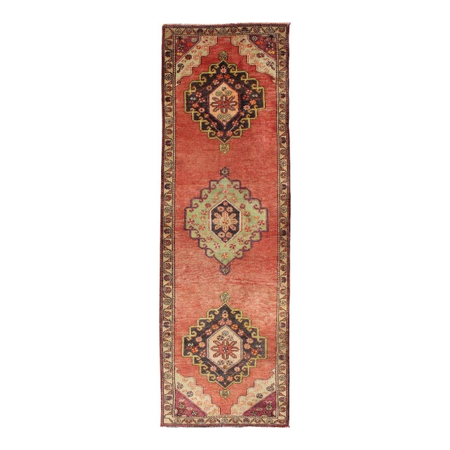 Orange Multi-Medallion Vintage Turkish Oushak Runner With Sub-Geometric Florals 3'0'' X 9'10' For Sale