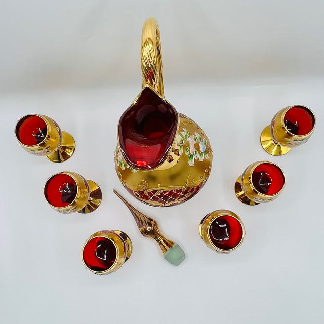 Ruby Red Murano Glass Tre Fuochi Decanter and Liqueur Service, 1950s, Set of 7 For Sale - Image 11 of 14