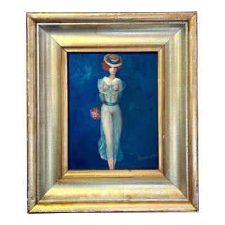 Vintage Boho Chic Figurative Oil Painting in Frame Signed For Sale