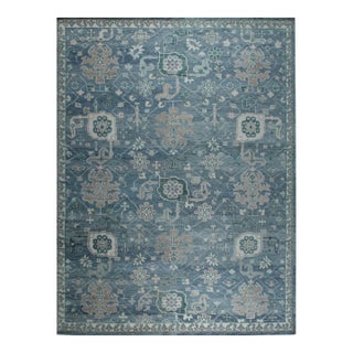 10x14 Oushak Blue Traditional Geometric Hand Knotted Wool Carpet Rug For Sale