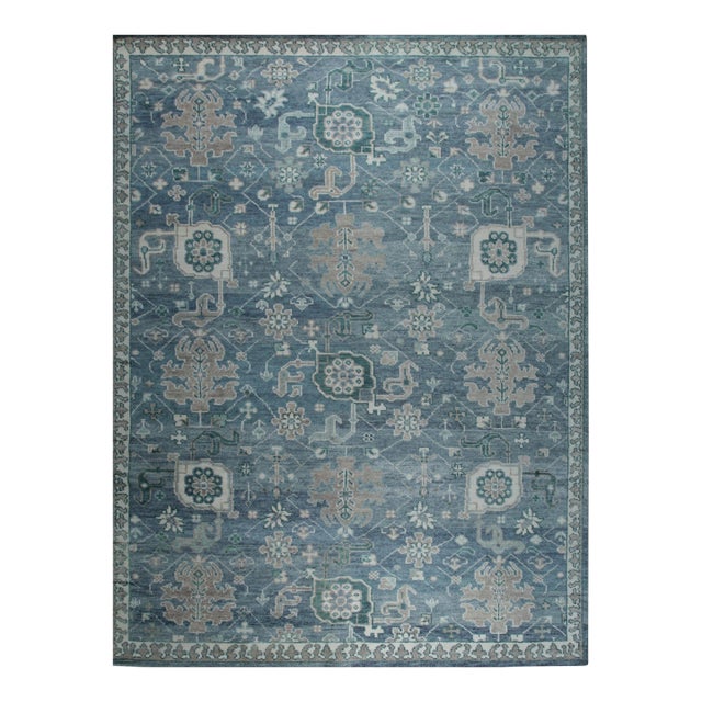 10x14 Oushak Blue Traditional Geometric Hand Knotted Wool Carpet Rug For Sale