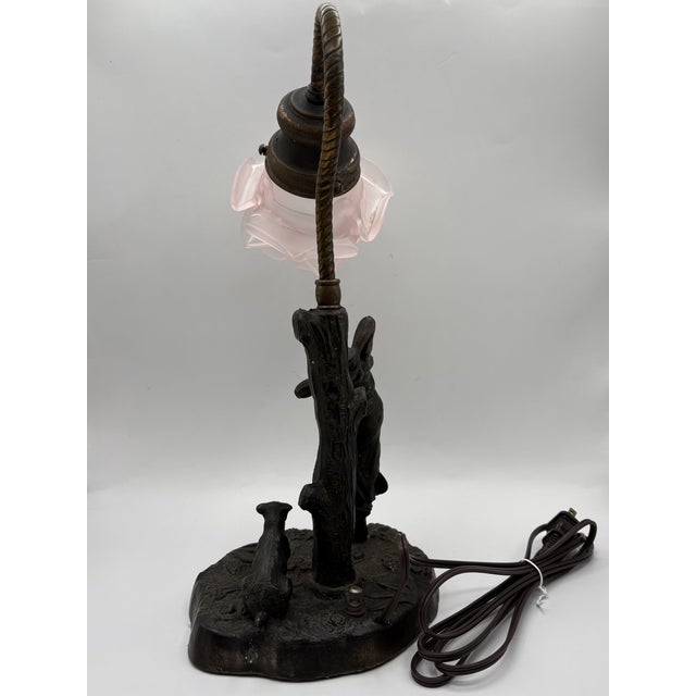 1900 - 1909 1900s Art Nouveau Bronze Figural Table Lamp With Pink Glass Flower Shade For Sale - Image 5 of 12