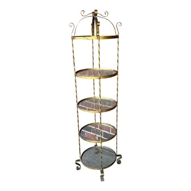 Vintage Brass Tone Iron Display Shelf With Four Glass Shelves. For Sale