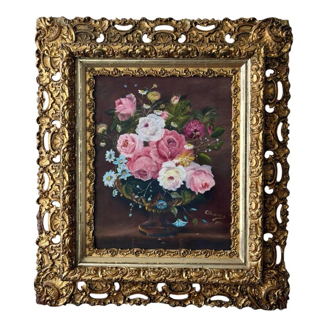 Early 20th Century Ornate Gilt Rococo Style Frame With Floral Still Life Painting For Sale