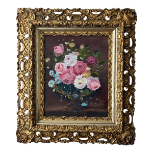 Early 20th Century Ornate Gilt Rococo Style Frame With Floral Still Life Painting