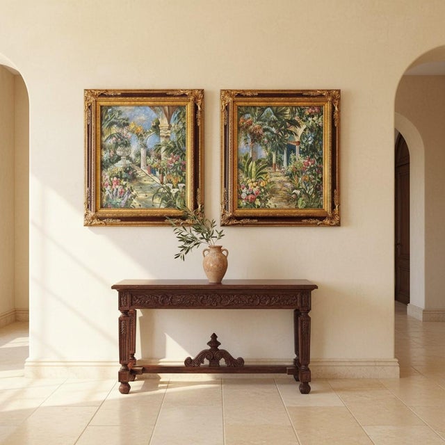 Vintage K Hillman Oil Paintings Pair-Tropical Garden-Floral-Framed Wall Art For Sale - Image 4 of 11
