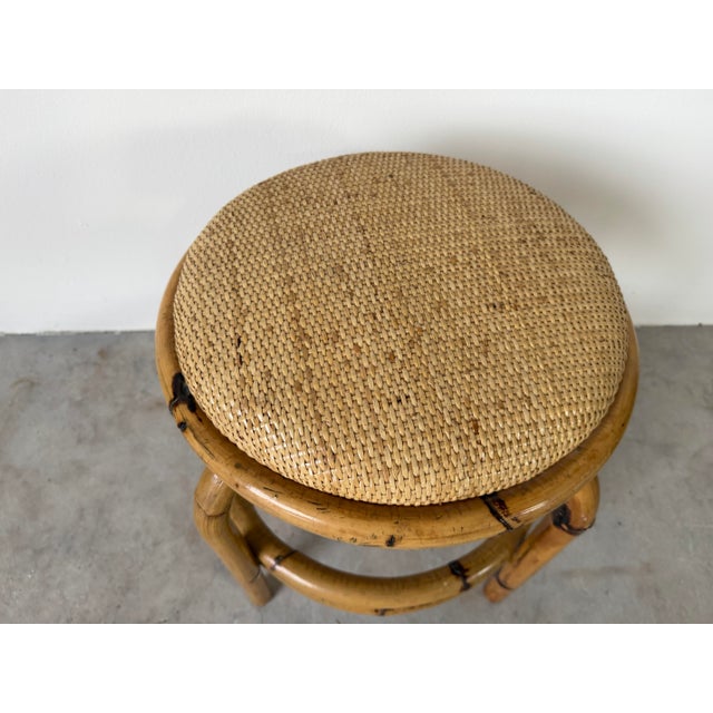 Vintage Coastal Bamboo & Woven Wicker Round Ottoman For Sale - Image 9 of 12