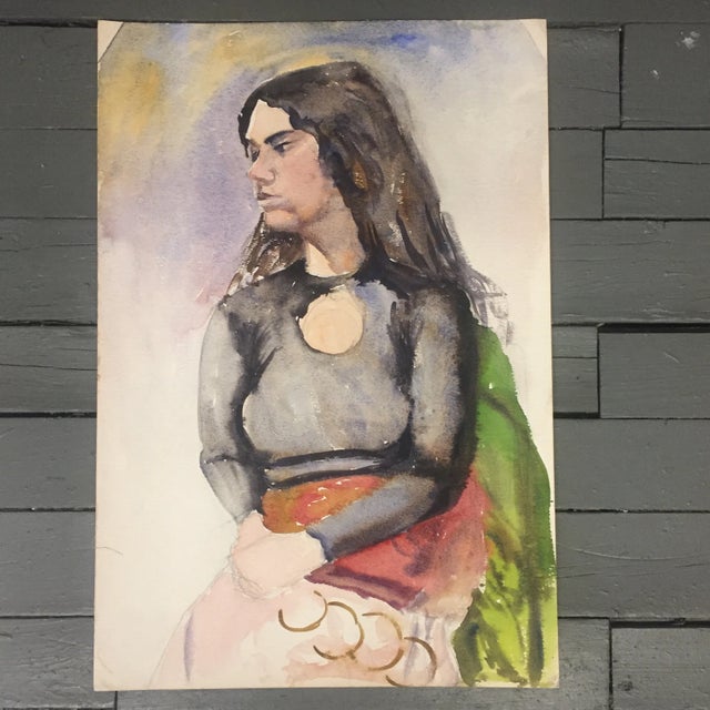 Original Vintage Female Portrait Watercolor Painting For Sale In Philadelphia - Image 6 of 6