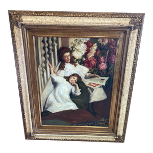 Large Framed Oil Painting of Mother and Child, in the Style of Elizabeth Adela Forbes