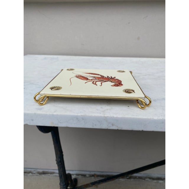 French Majolica Trivet Lobster and shells signed Gien Circa 1940.