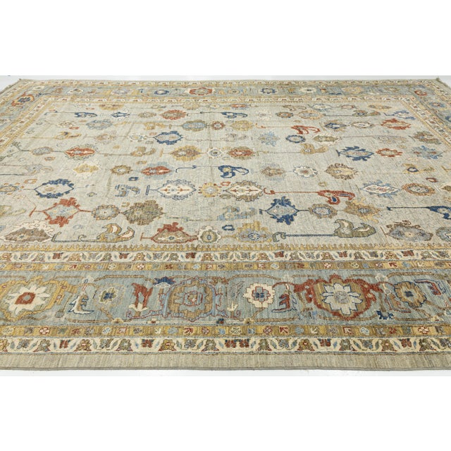 Gray Modern Hand-Knotted Oushak Style Wool Area Rug in Soft Sage and Slate Blue 14x20 For Sale - Image 8 of 12