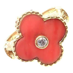 Van Cleef & Arpels Alhambra 18k Yellow Gold Coral Diamond Ring, size 4.75
