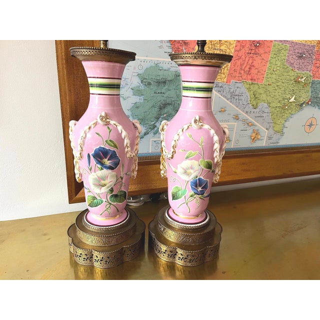 1940s French Floral Urn Lamps & Shades, Pair For Sale - Image 10 of 18