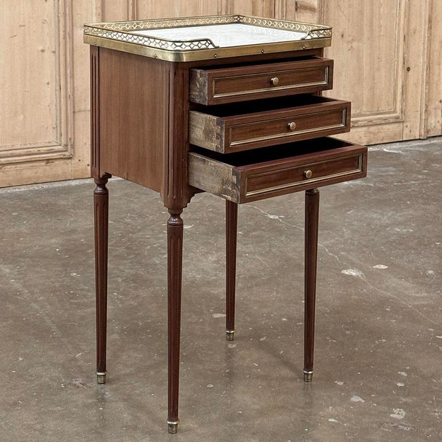 Antique French Louis XVI Mahogany Bedside Table With Carrara Marble and Brass Gallery For Sale - Image 13 of 15