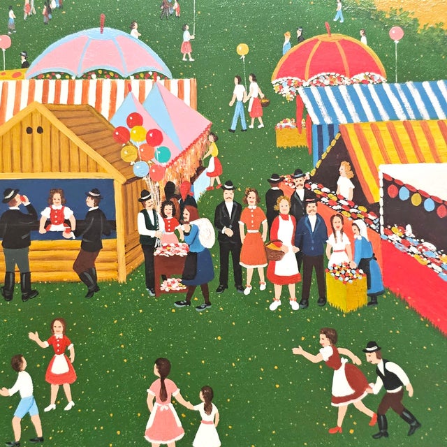E. Molnar Hungarian Naïve Folk Art Village Fair Painting Framed 18" For Sale - Image 4 of 10