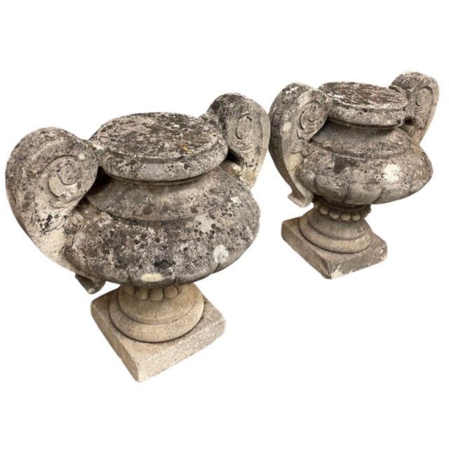 1990s Pair of Vintage Weathered Cast Stone Classical Garden Urns With Scroll Handles For Sale - Image 5 of 12