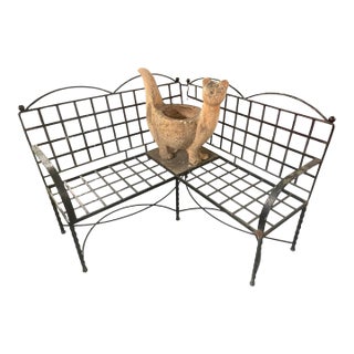 Vintage Wrought Iron Corner Bench With Terracotta Cat Statue Planer For Sale