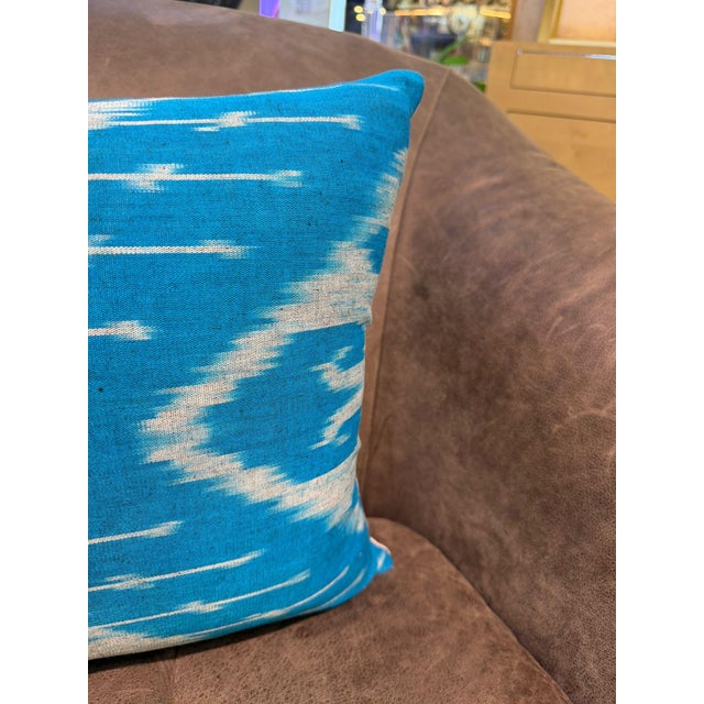 1990s Sky Blue Silk Ikat Lumbar Cushion Cover For Sale - Image 9 of 10
