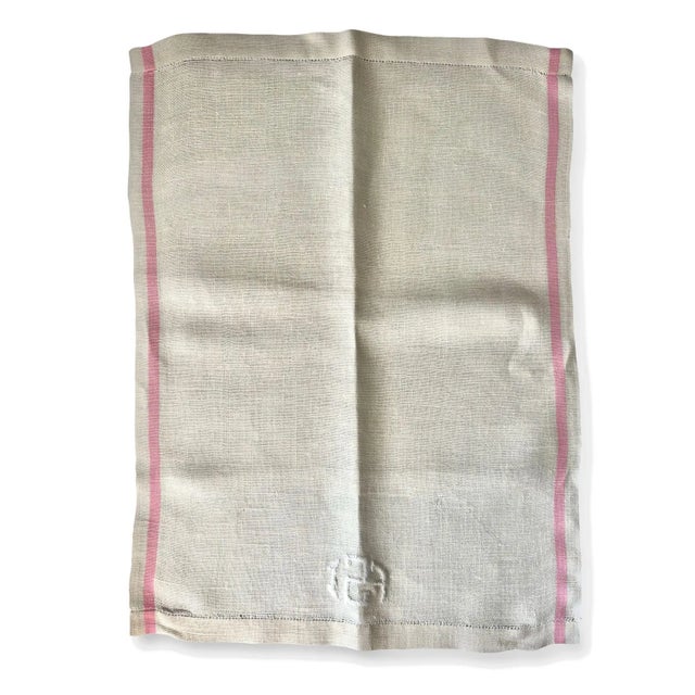 Asian Antique Antique French Monogrammed Linen Towel or Utility Cloth with Pink Stripes | Handwoven Textured Linen FSI Monogram | c. 1900 For Sale - Image 3 of 9