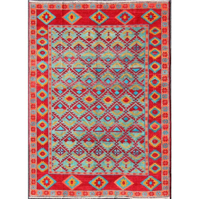 Mid 20th Century Unique and Vibrant Turkish Oushak Rug With Colorful and Bright Diamond Design For Sale - Image 11 of 11