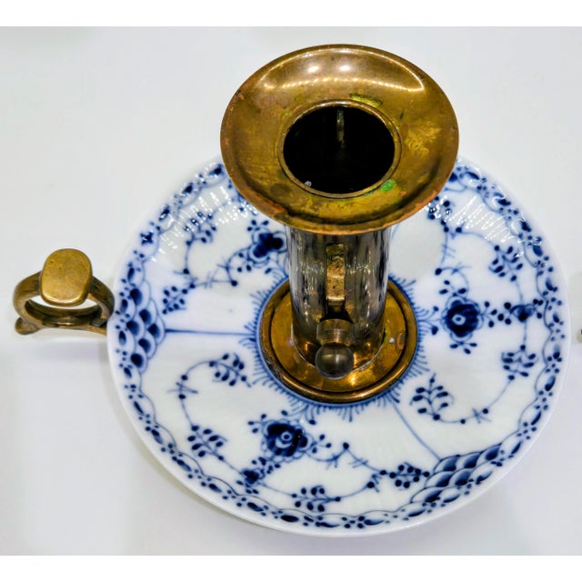 Pair of Vintage Royal Copenhagen Blue Fluted Brass Push-Up Chambersticks, Denmark For Sale In Dallas - Image 6 of 15