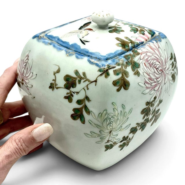 Early 20th Century Asian Porcelain Lidded Ginger Jar Celadon Chinoiserie Floral Bird Red Marks For Sale - Image 10 of 10