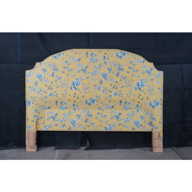 Vintage Yellow & Blue Chintz Upholstered Serpentine Tufted King Size Headboard For Sale - Image 14 of 14
