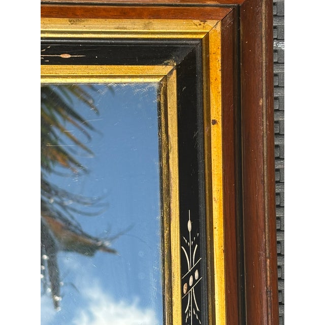 Brown Antique Small Victorian Ebonized and Gilded Wall Mirror With Reverse Painted Glass Stacked Frames For Sale - Image 8 of 12