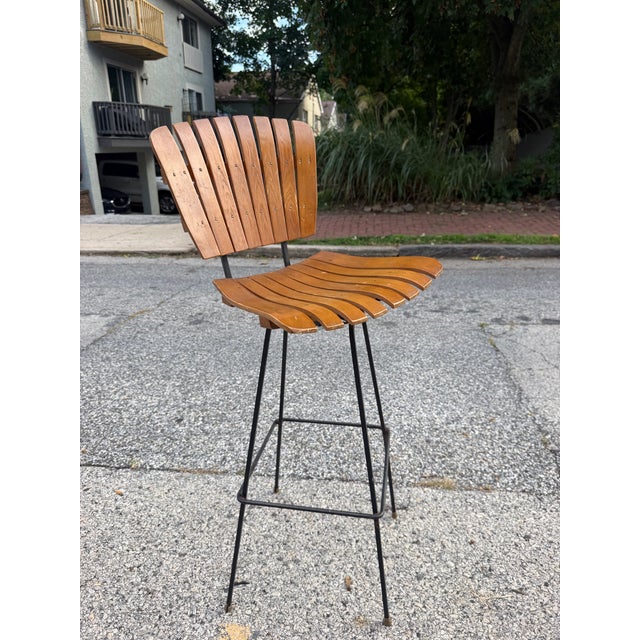 Mid Century Arthur Umanoff Wood Slatted Bar Stool For Sale - Image 11 of 11