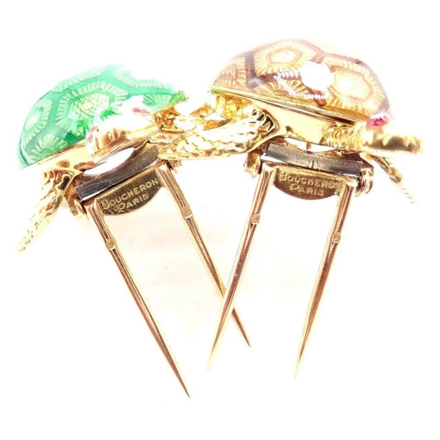Gold 1960s Boucheron France Yellow Gold Enamel Set of Two Turtle Brooches For Sale - Image 8 of 12