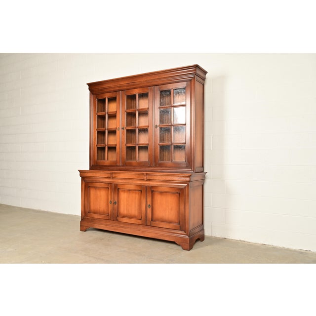 French Provincial Grange French Louis Philippe Carved Cherry Wood Breakfront Bookcase Cabinet, Circa 1960s For Sale - Image 3 of 17