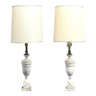 Pair of Vintage Italian Neoclassical White Marble Urn Table Lamps With Carved Details For Sale