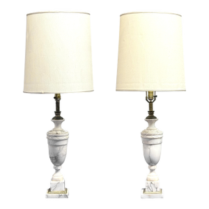 Pair of Vintage Italian Neoclassical White Marble Urn Table Lamps With Carved Details