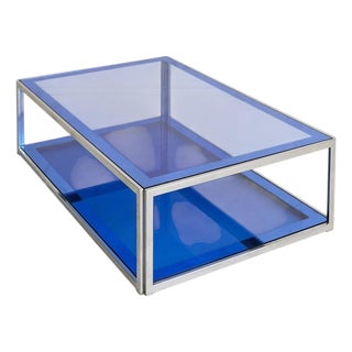 Italian Blue Glass + Chrome Coffee Table Attributed to Cristal Arte, 1970s For Sale