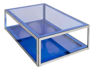 Italian Blue Glass + Chrome Coffee Table Attributed to Cristal Arte, 1970s