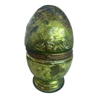 19th Century French Green Mercury Glass Egg Form Liqueur Cave With Decanter and Glasses - 5 Piece Set For Sale