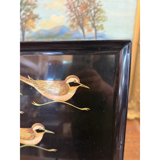 Black Vintage Mid-Century Modern Black Lacquer Tray With Hand-Painted Shorebirds - 1950s Japanese Decorative Serving Art For Sale - Image 8 of 8