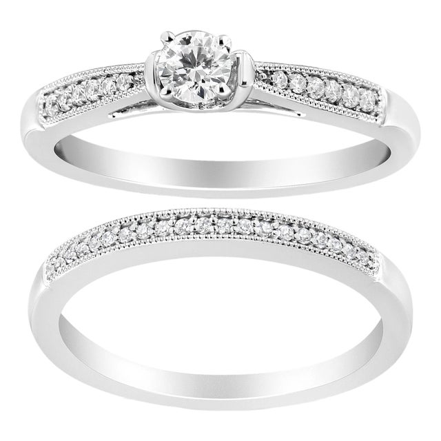 .925 Sterling Silver 1/3 Cttw Diamond Classic Engagement Ring Bridal Set with Milgrain (I-J Color, I3 Clarity) - Ring Size 6 For Sale