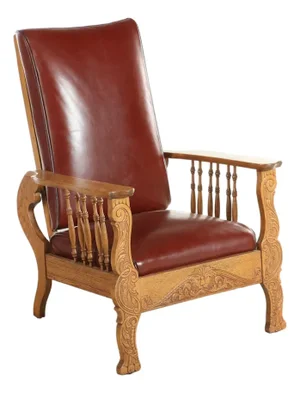 1910s S.A. Cook Upholstered Oak Recliner Chair With Carved Lion Head and Scrollwork
