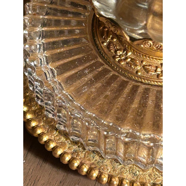 Vintage Mid-Century American Neoclassical Glass & Stamped Brass Table Lamp – With Custom Pleated Hard Plastic Shade For Sale - Image 4 of 12