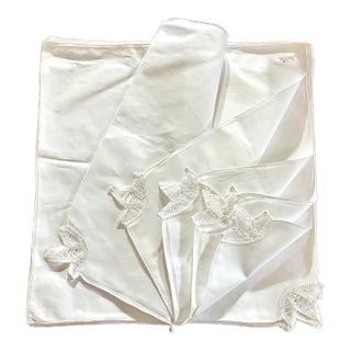 Vintage Handmade White Battenburg Lace Napkins Embroidered Borders Cotton - Set of 12 For Sale